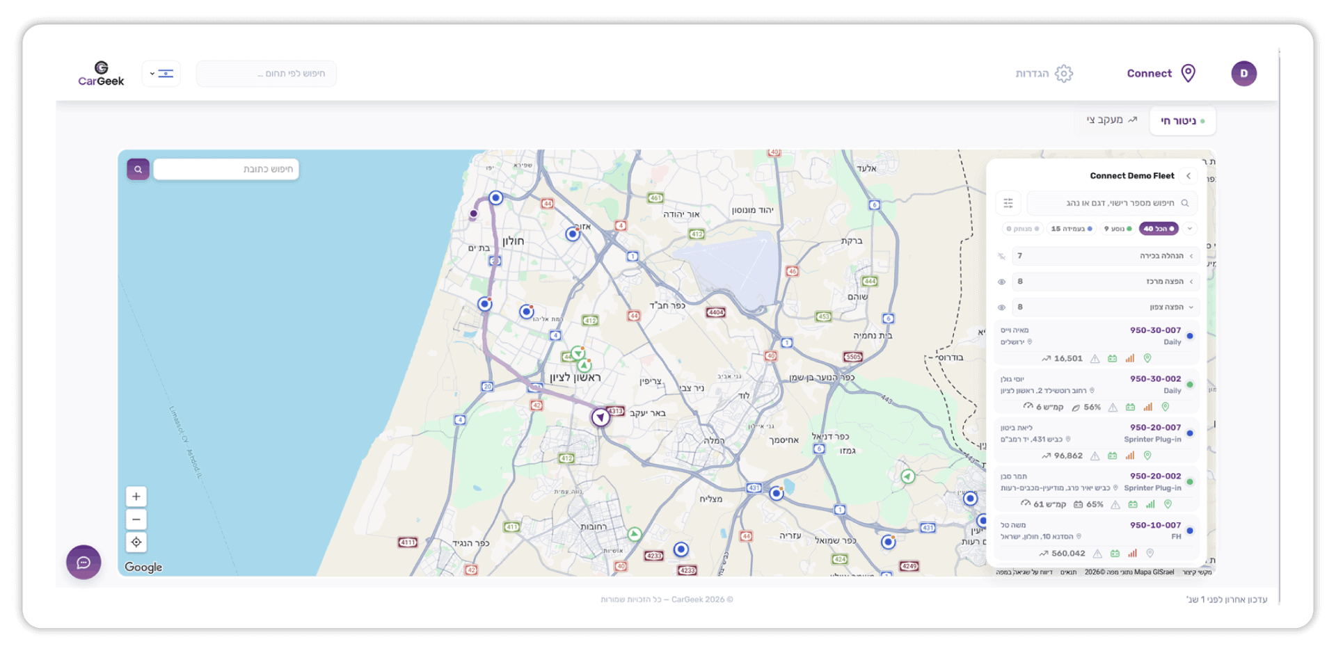 מפת רכבים ותחבורה בישראל עם פרטי מכוניות ומסלולים.