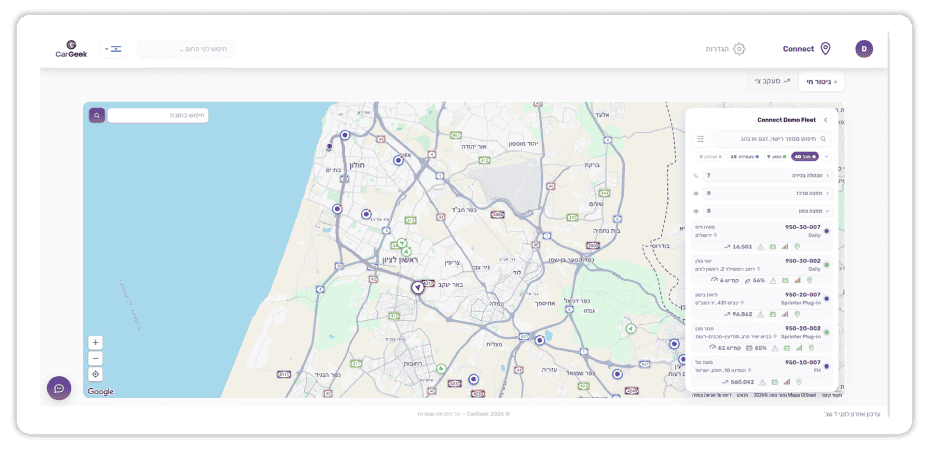 מפת רכבים ותחבורה בישראל עם פרטי מכוניות ומסלולים.